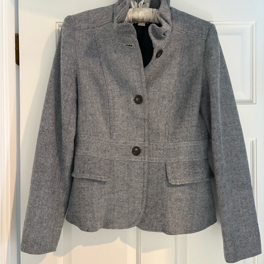 J.Crew light blue herringbone blazer with ruffle collar size 2.
